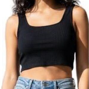 Black Ribbed Knit Square Neck Crop Tank Top Sleeveless Fitted Basic Small